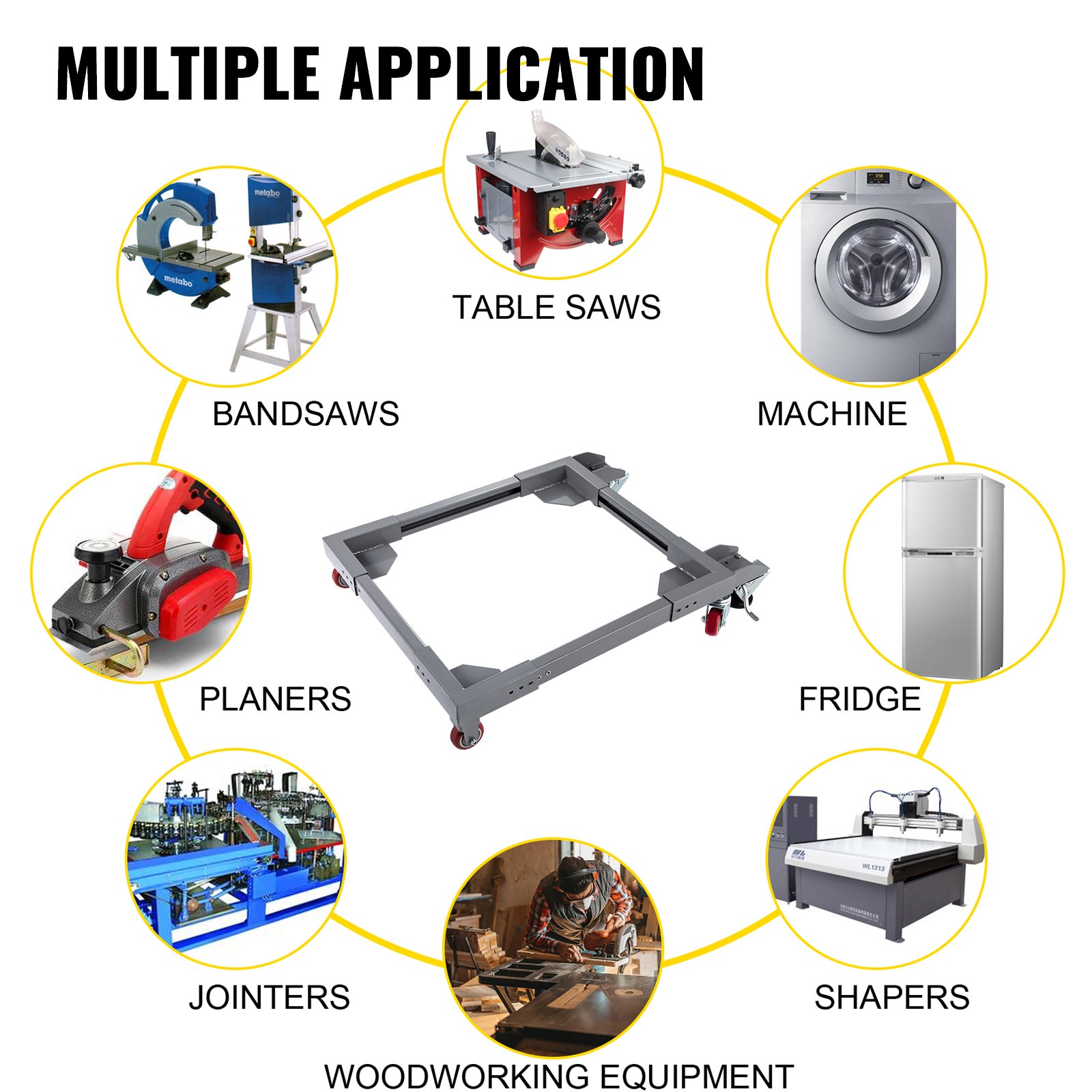 VEVOR Adjustable Universal Mobile Base 1500 LBS Load-Bearing Capacity Heavy-Duty Mobile Base Rolling Mobile Base with Locking Levers, Used for Mobilizing Woodworking Equipment, Fridge, Washing Machine