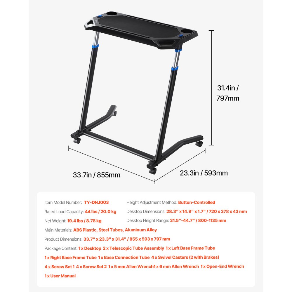 VEVOR Cycling Desk, Mobile Foldable Multi-Functional Bike Trainer & Treadmill Desk with Lockable Wheels, Non-Slip Multi-Slot Bike Trainer Fitness Desk with Handle Bar, Fit for Home Office Exercise