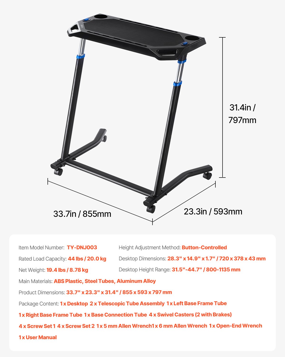 VEVOR Cycling Desk, Mobile Foldable Multi-Functional Bike Trainer & Treadmill Desk with Lockable Wheels, Non-Slip Multi-Slot Bike Trainer Fitness Desk with Handle Bar, Fit for Home Office Exercise