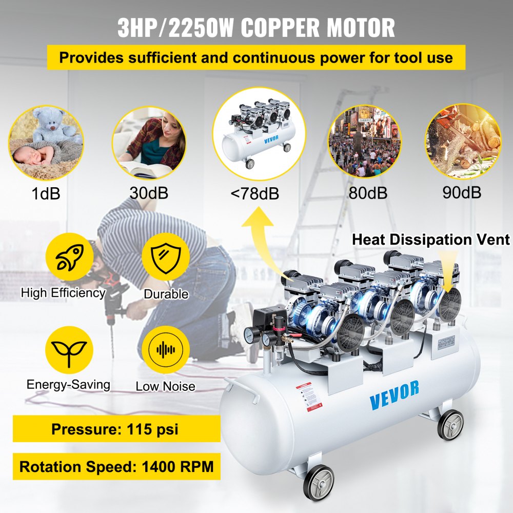 VEVOR 3HP Oil Free Air Compressor Silenced 100L Tank Ultra 3 Silent Inflator for Auto Repair, Tire Inflation, Spray Painting, Woodwork Nailing