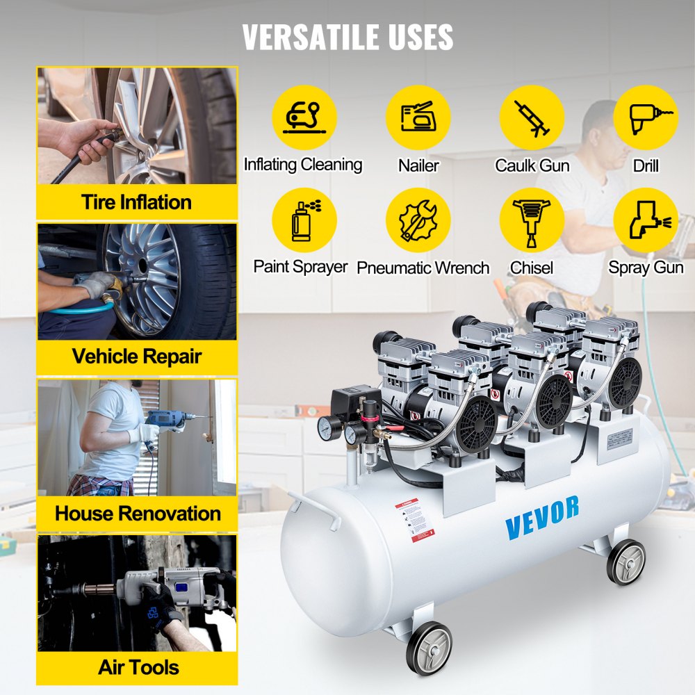VEVOR 3HP Oil Free Air Compressor Silenced 100L Tank Ultra 3 Silent Inflator for Auto Repair, Tire Inflation, Spray Painting, Woodwork Nailing