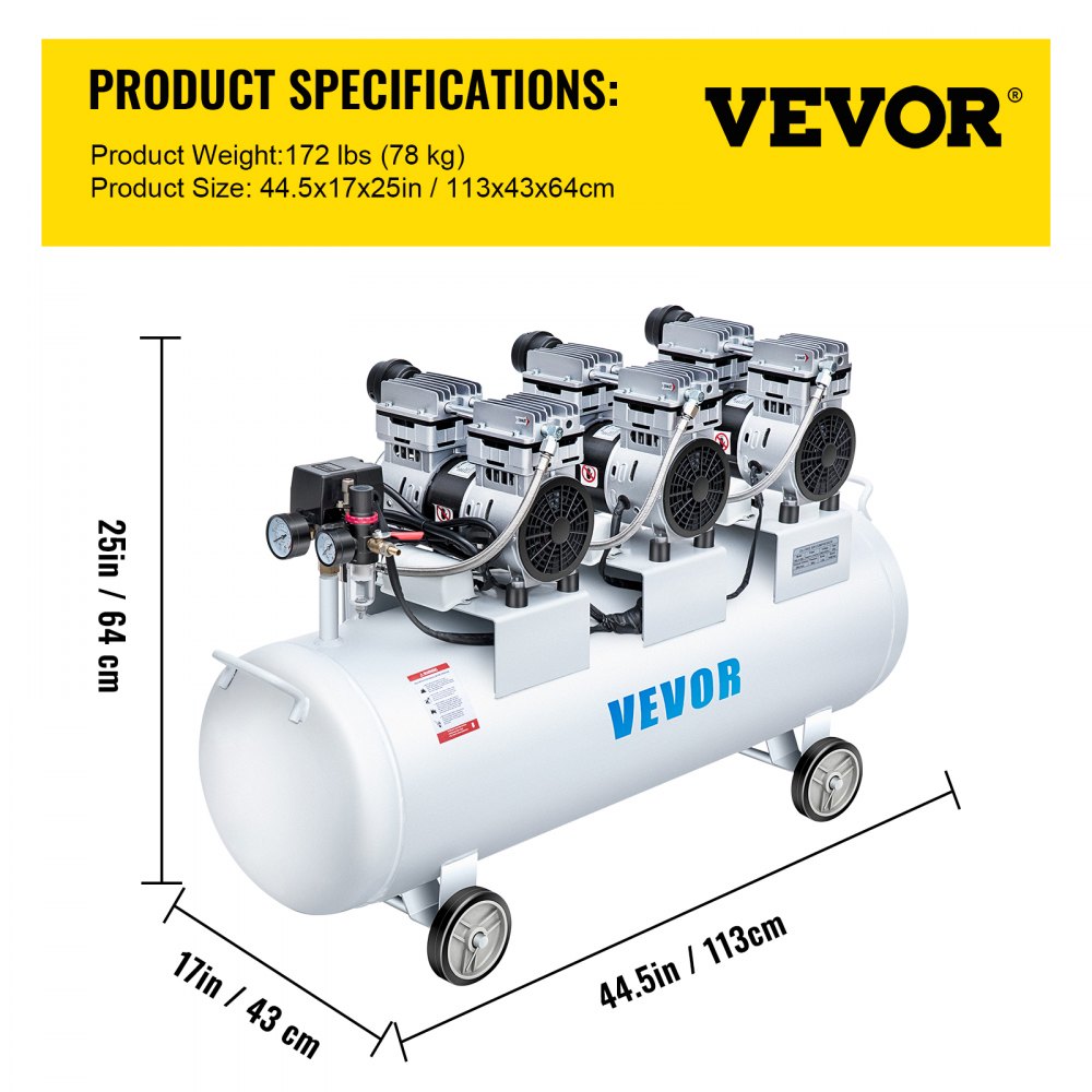 VEVOR 3HP Oil Free Air Compressor Silenced 100L Tank Ultra 3 Silent Inflator for Auto Repair, Tire Inflation, Spray Painting, Woodwork Nailing