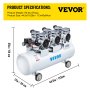 VEVOR 3HP Oil Free Air Compressor Silenced 100L Tank Ultra 3 Silent Inflator for Auto Repair, Tire Inflation, Spray Painting, Woodwork Nailing