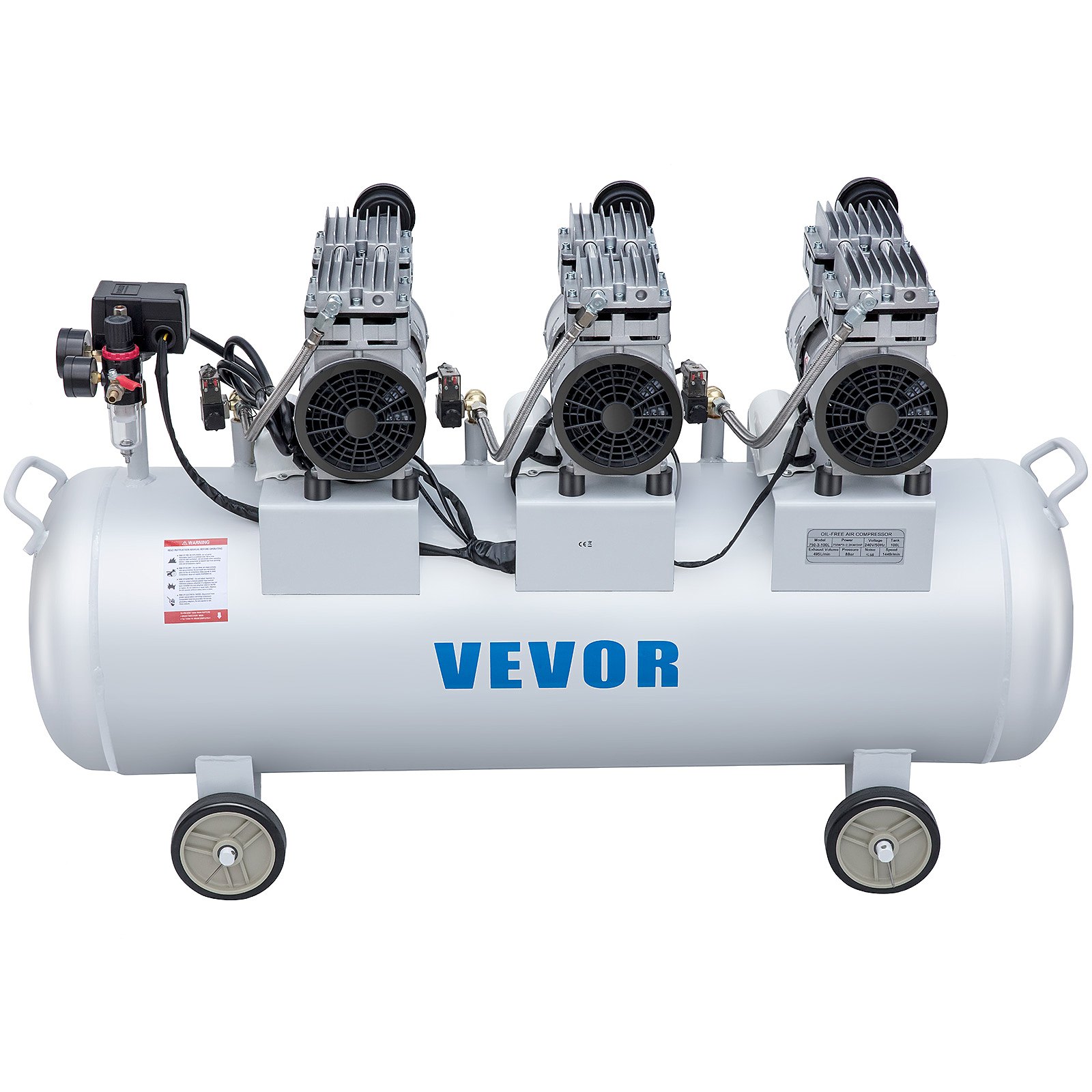 VEVOR 3HP Oil Free Air Compressor Silenced 100L Tank Ultra 3 Silent Inflator for Auto Repair, Tire Inflation, Spray Painting, Woodwork Nailing