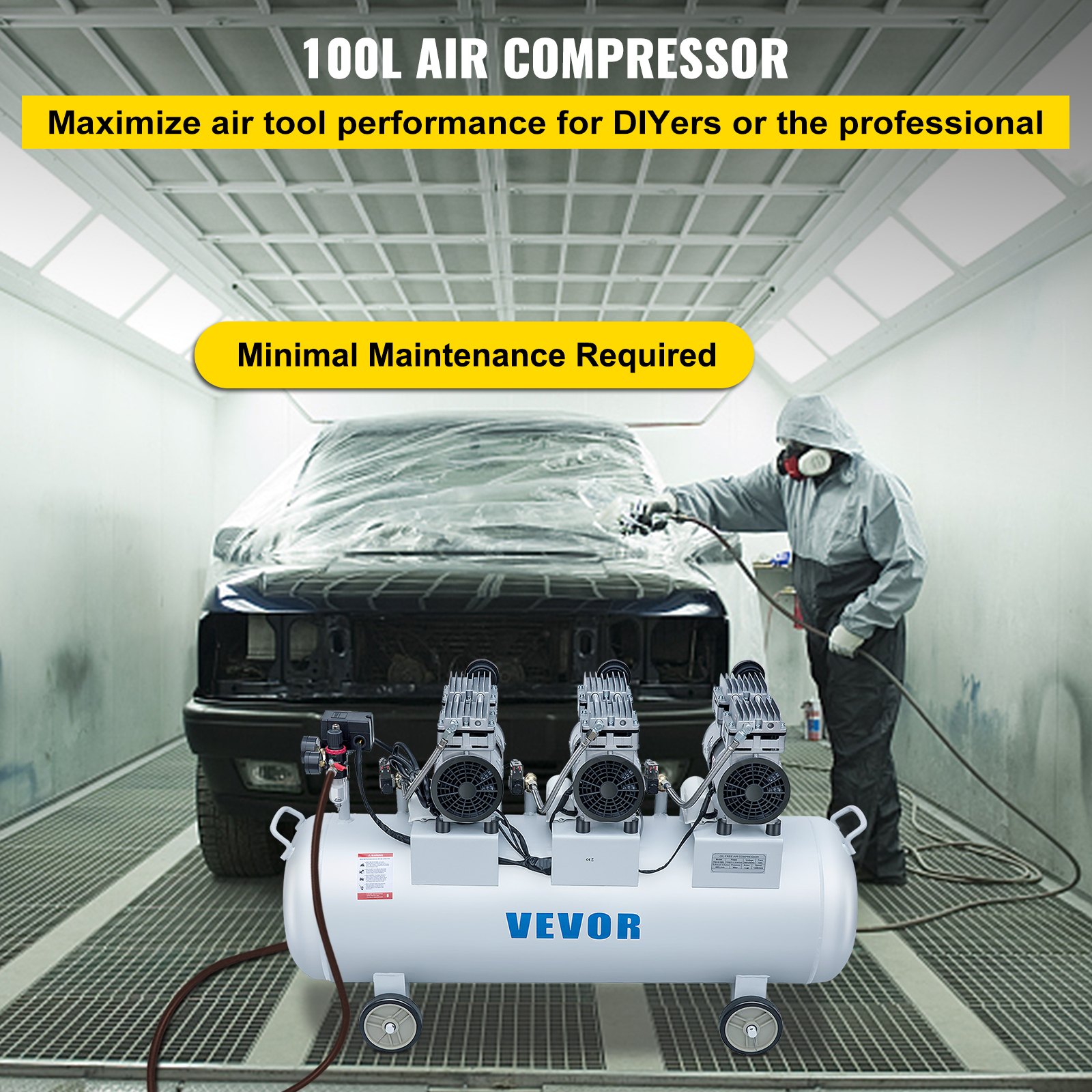 VEVOR 3HP Oil Free Air Compressor Silenced 100L Tank Ultra 3 Silent Inflator for Auto Repair, Tire Inflation, Spray Painting, Woodwork Nailing