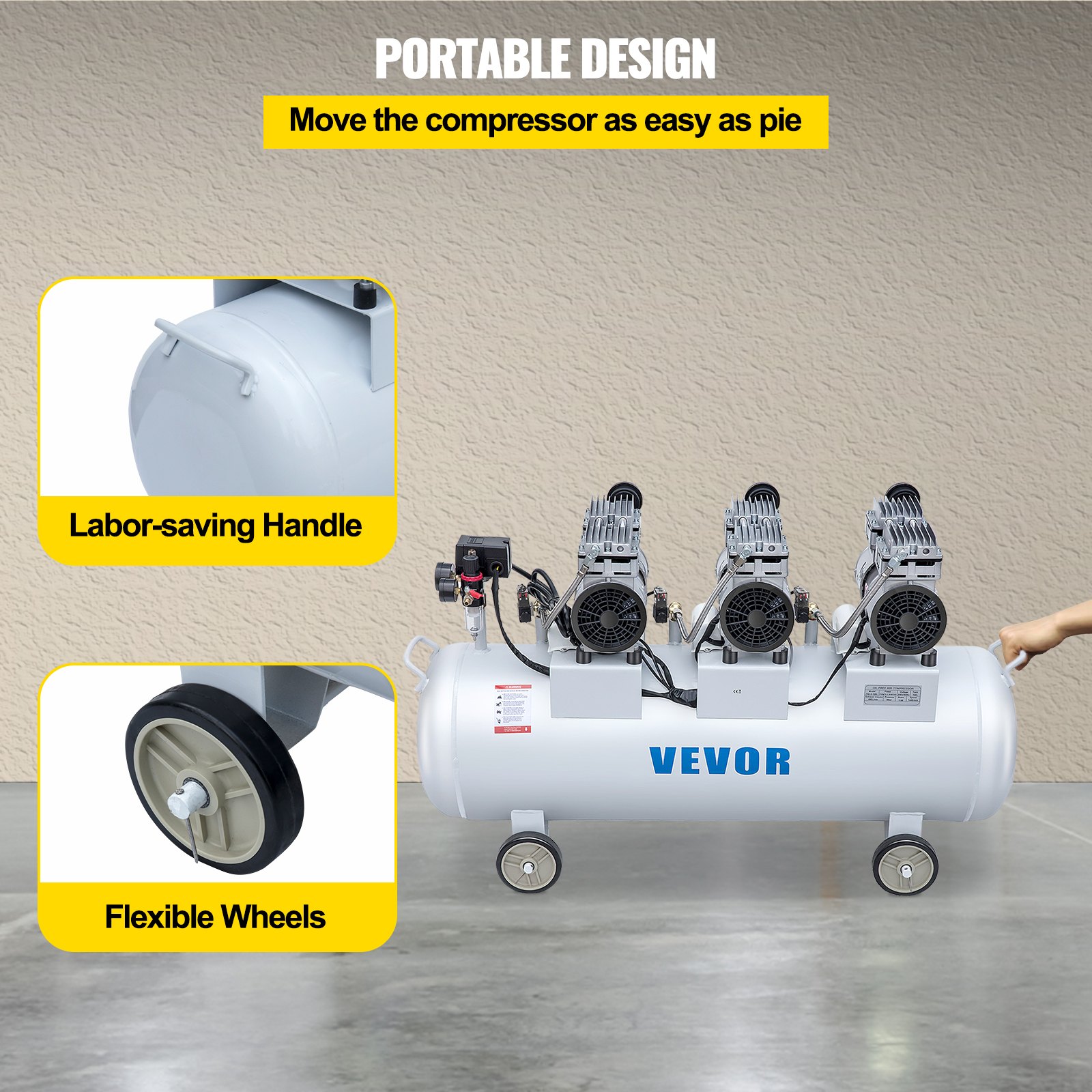 VEVOR 3HP Oil Free Air Compressor Silenced 100L Tank Ultra 3 Silent Inflator for Auto Repair, Tire Inflation, Spray Painting, Woodwork Nailing