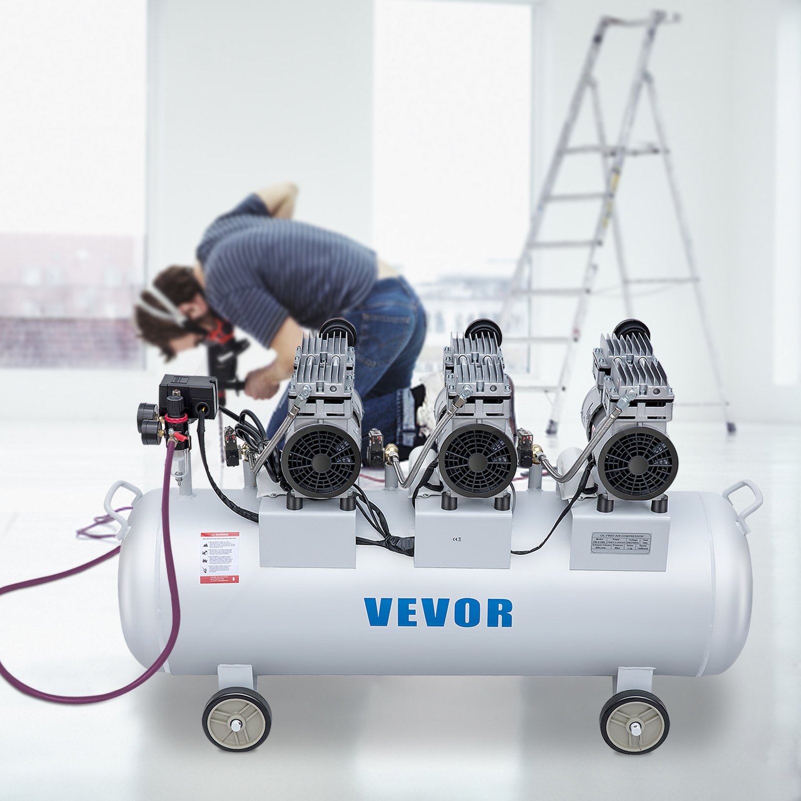 VEVOR 3HP Oil Free Air Compressor Silenced 100L Tank Ultra 3 Silent Inflator for Auto Repair, Tire Inflation, Spray Painting, Woodwork Nailing