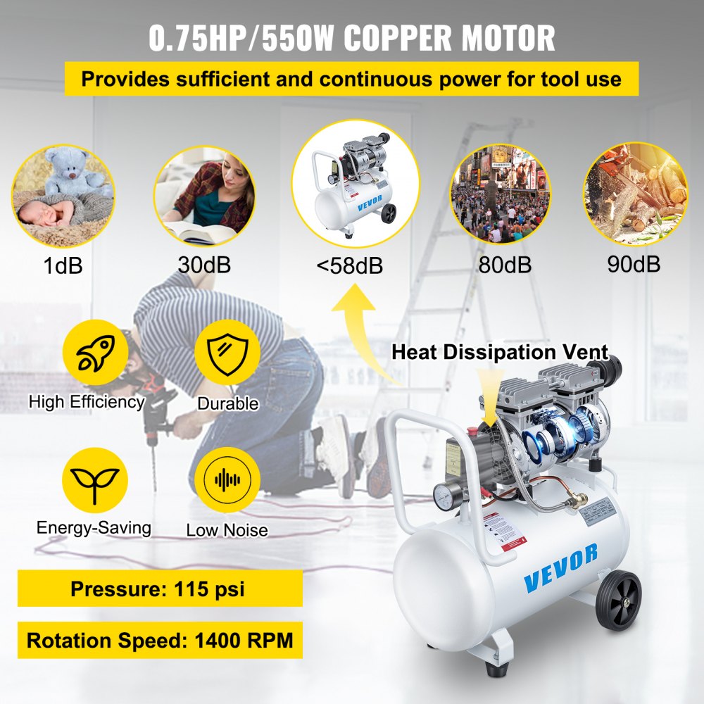 VEVOR 0.75HP Oil Free Air Compressor Air Compressor Tank 30L Silent Inflator