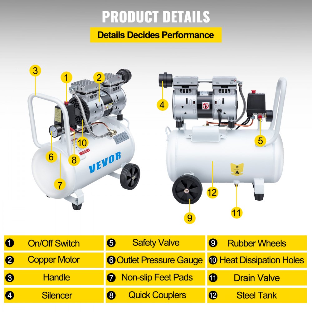 VEVOR 0.75HP Oil Free Air Compressor Air Compressor Tank 30L Silent Inflator