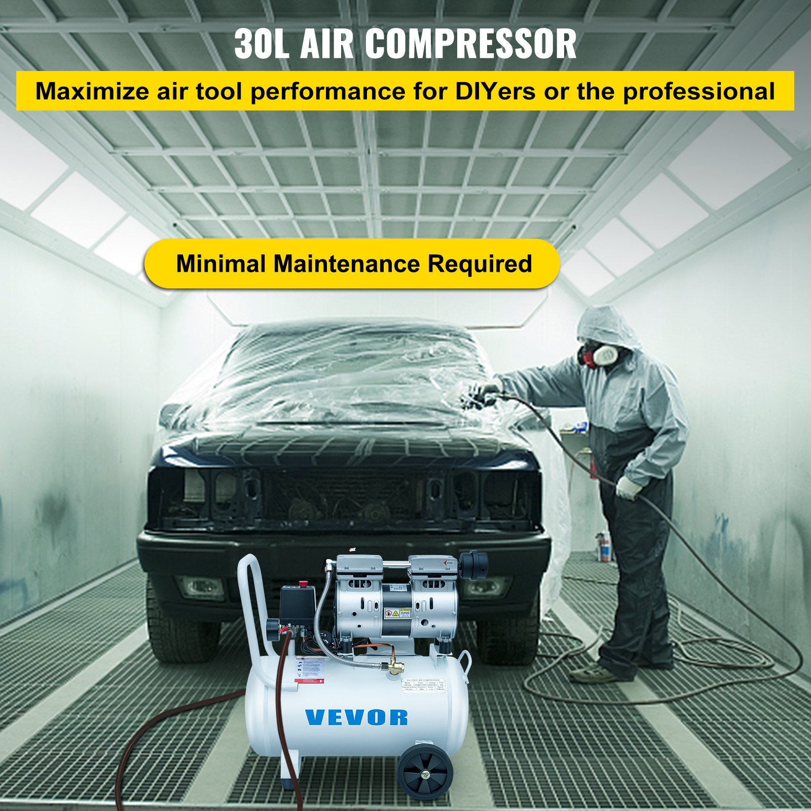 VEVOR 0.75HP Oil Free Air Compressor Air Compressor Tank 30L Silent Inflator