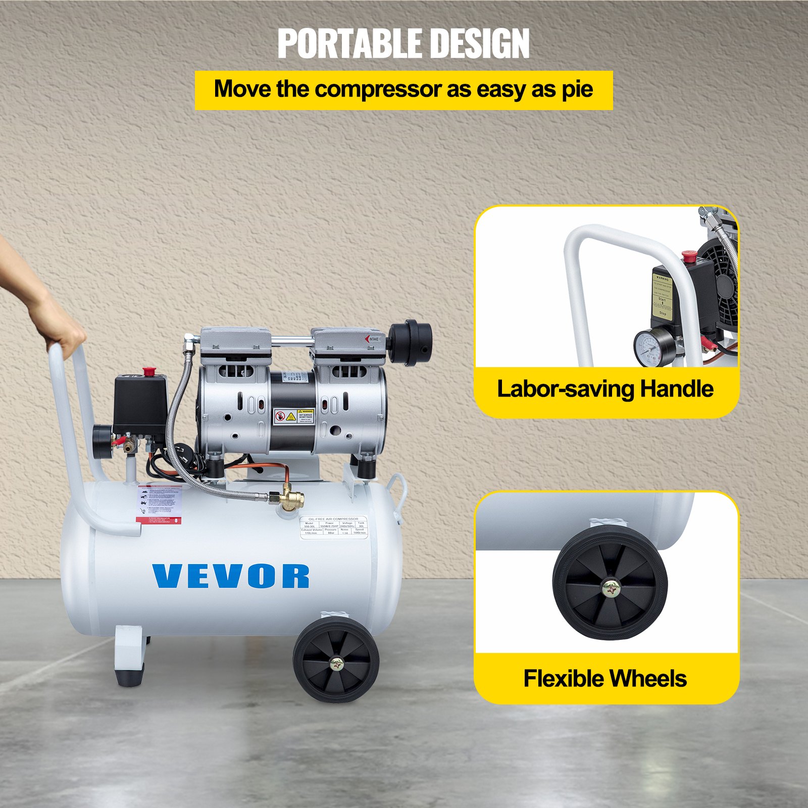 VEVOR 0.75HP Oil Free Air Compressor Air Compressor Tank 30L Silent Inflator