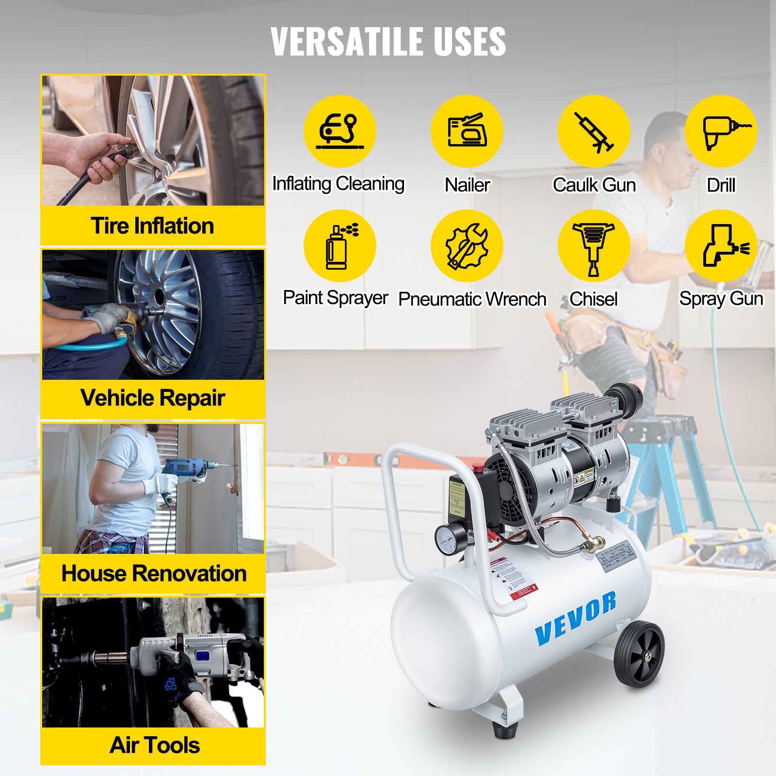 VEVOR 0.75HP Oil Free Air Compressor Air Compressor Tank 30L Silent Inflator