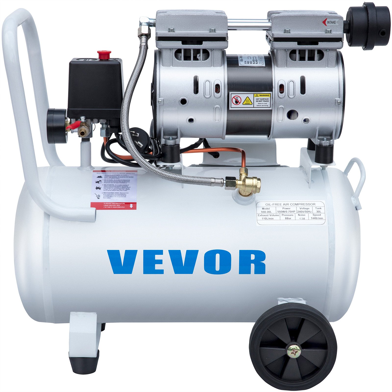 VEVOR 0.75HP Oil Free Air Compressor Air Compressor Tank 30L Silent Inflator