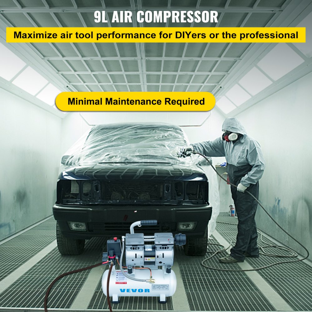 VEVOR 9L Oil Free Air Compressor 0.75HP Silenced Inflator Home Garage Workshop for Auto Repair, Tire Inflation, Spray Painting, Woodwork Nailing