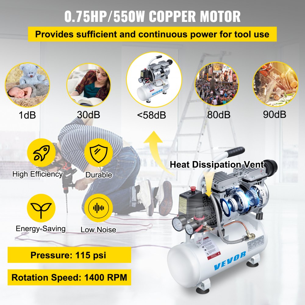 VEVOR 9L Oil Free Air Compressor 0.75HP Silenced Inflator Home Garage Workshop for Auto Repair, Tire Inflation, Spray Painting, Woodwork Nailing