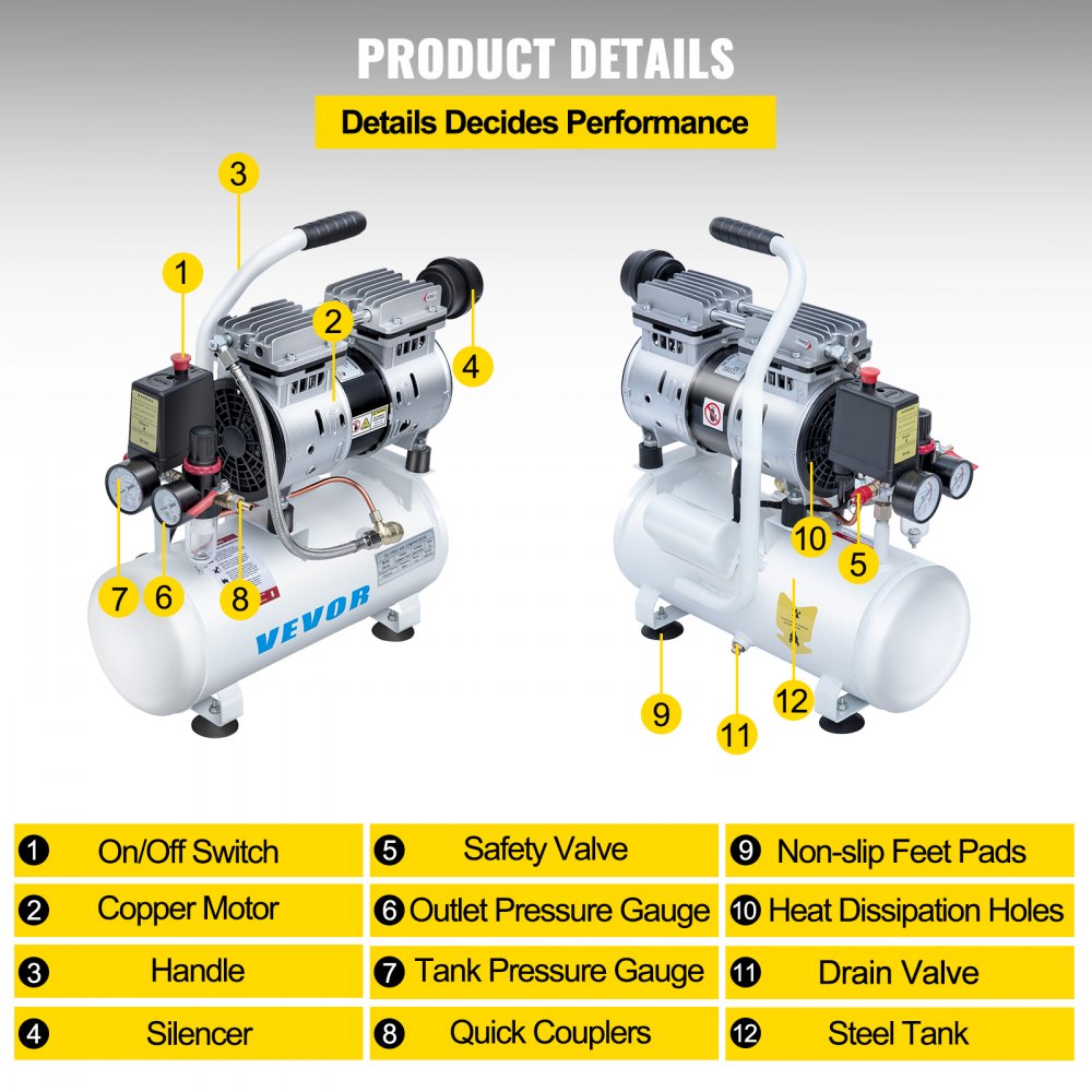 VEVOR 9L Oil Free Air Compressor 0.75HP Silenced Inflator Home Garage Workshop for Auto Repair, Tire Inflation, Spray Painting, Woodwork Nailing