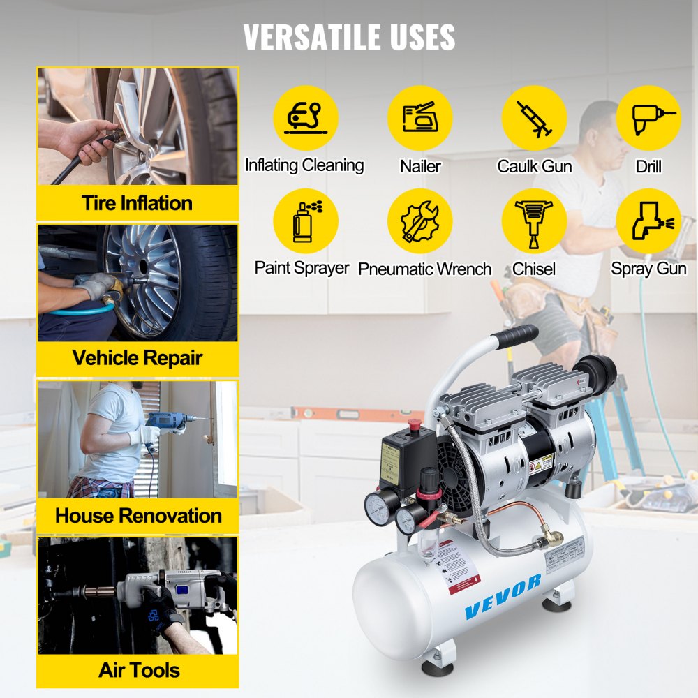 VEVOR 9L Oil Free Air Compressor 0.75HP Silenced Inflator Home Garage Workshop for Auto Repair, Tire Inflation, Spray Painting, Woodwork Nailing