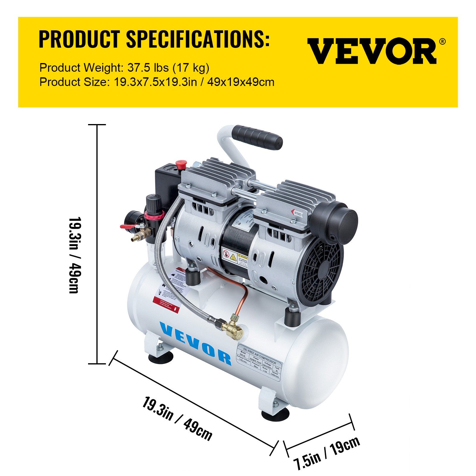 VEVOR 9L Oil Free Air Compressor 0.75HP Silenced Inflator Home Garage Workshop for Auto Repair, Tire Inflation, Spray Painting, Woodwork Nailing