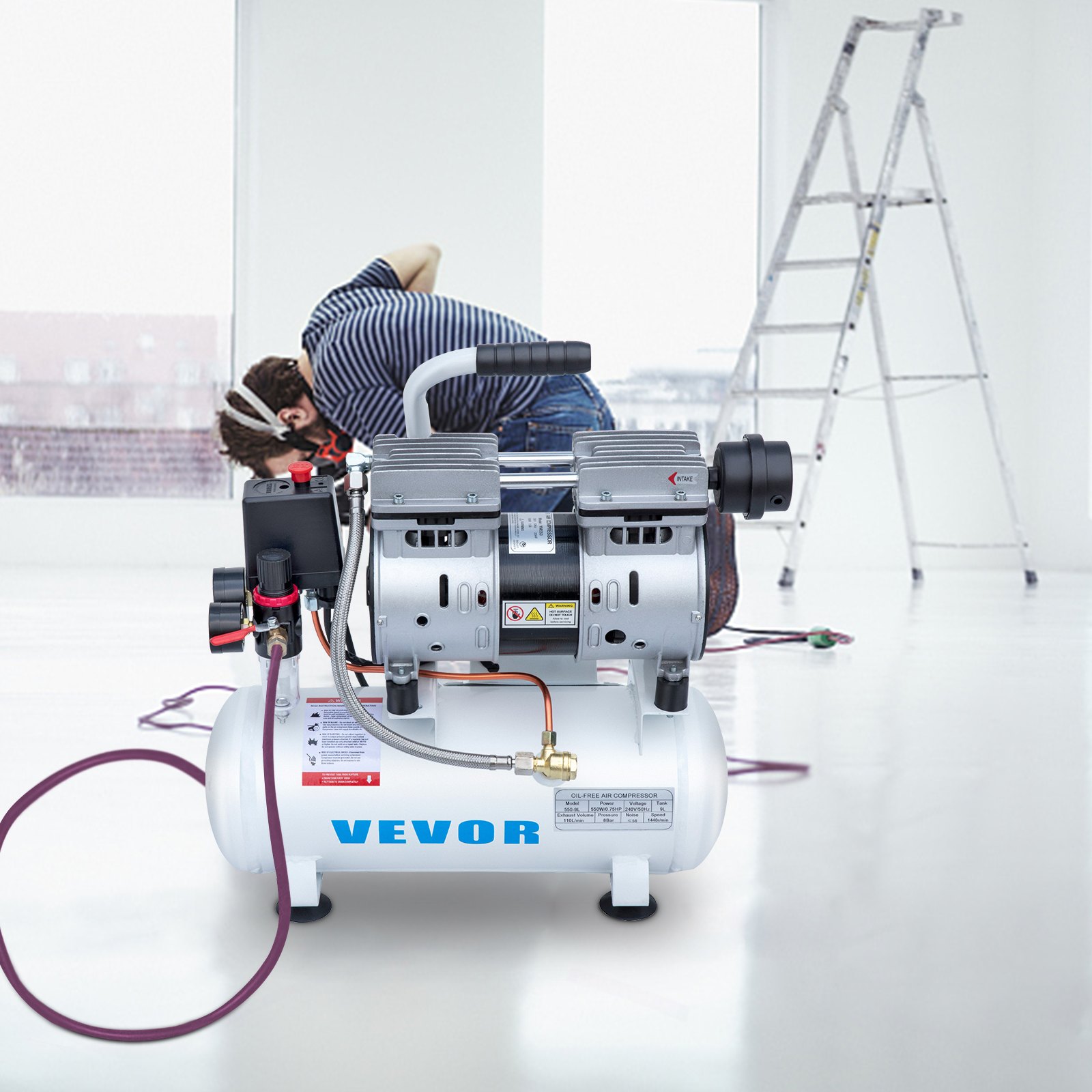 VEVOR 9L Oil Free Air Compressor 0.75HP Silenced Inflator Home Garage Workshop for Auto Repair, Tire Inflation, Spray Painting, Woodwork Nailing