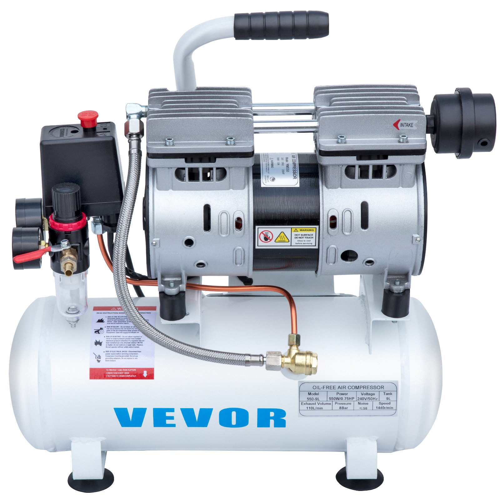 VEVOR 9L Oil Free Air Compressor 0.75HP Silenced Inflator Home Garage Workshop for Auto Repair, Tire Inflation, Spray Painting, Woodwork Nailing