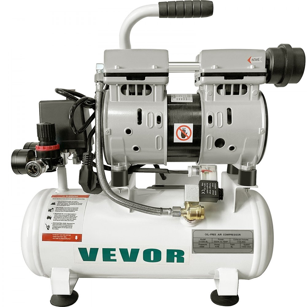 Compressor de ar VEVOR Compressor de ar sem óleo ultra silencioso de 2 galões Tanque de 9L Compressor de ar silencioso Compressor sem óleo de 550W Baixo ruído com válvula solenóide segura
