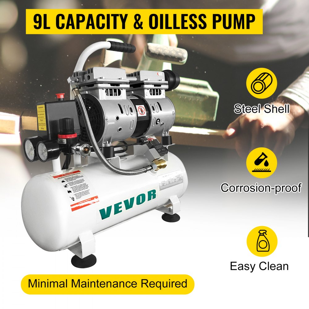 Compressor de ar VEVOR Compressor de ar sem óleo ultra silencioso de 2 galões Tanque de 9L Compressor de ar silencioso Compressor sem óleo de 550W Baixo ruído com válvula solenóide segura