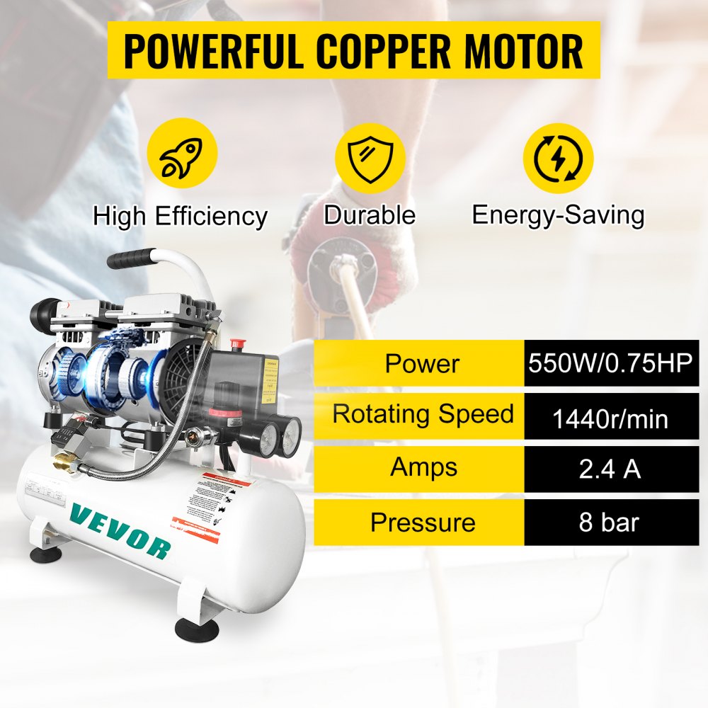 Compressor de ar VEVOR Compressor de ar sem óleo ultra silencioso de 2 galões Tanque de 9L Compressor de ar silencioso Compressor sem óleo de 550W Baixo ruído com válvula solenóide segura