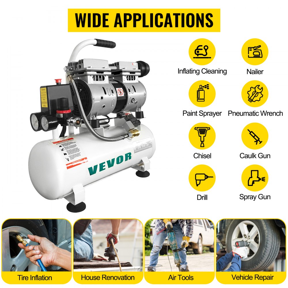 Compressor de ar VEVOR Compressor de ar sem óleo ultra silencioso de 2 galões Tanque de 9L Compressor de ar silencioso Compressor sem óleo de 550W Baixo ruído com válvula solenóide segura