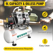 VEVOR Air Compressor 2 Gallon Ultra Quiet Oil-free Air Compressor 9L Tank Silent Air Compressor 550W Oil free Compressor Low noise with Safe Solenoid Valve