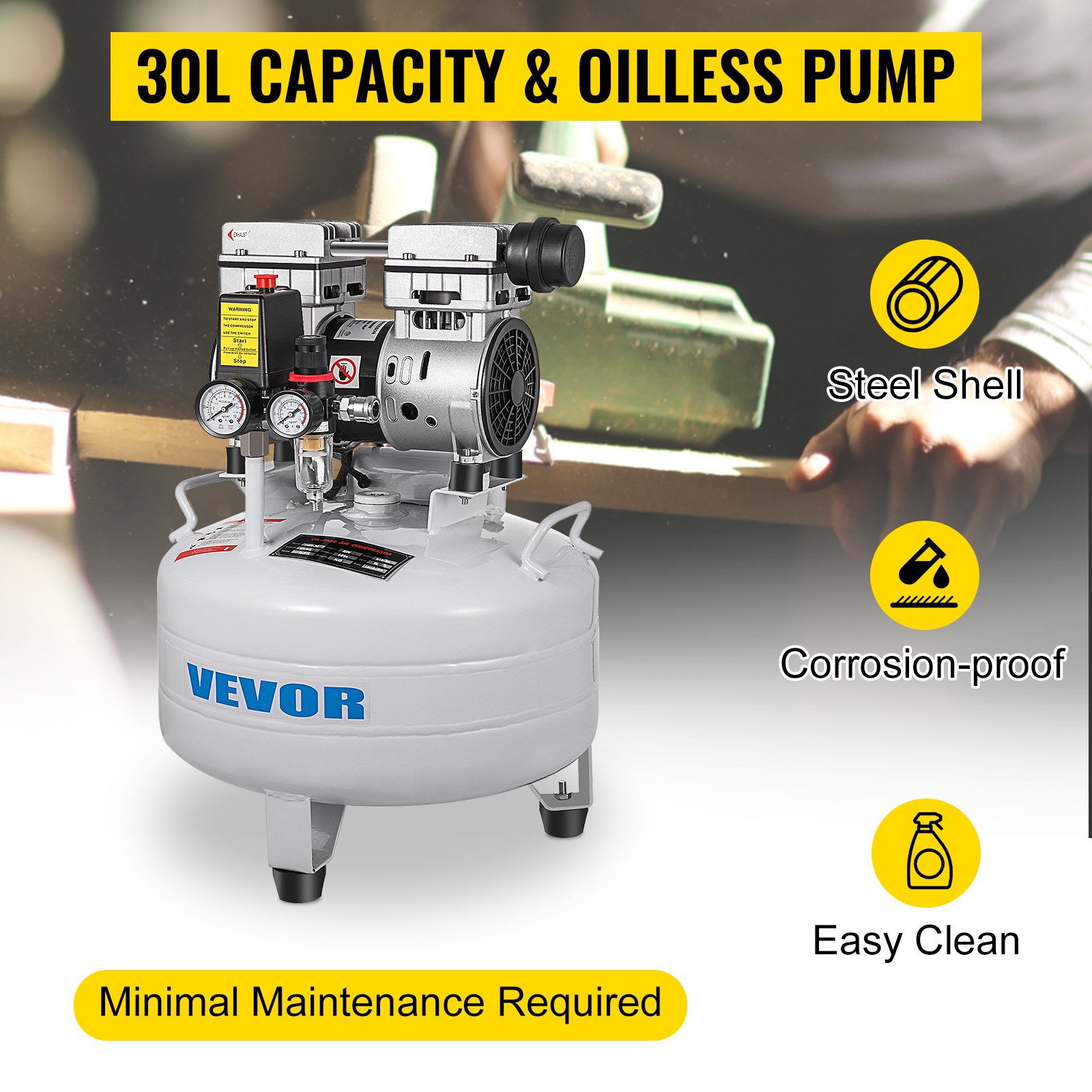 VEVOR Vertical Air Compressor 30L 850W Oil-Free Air Compressor Tank, 800Kpa Max Pressure, for Auto Repair, Tire Inflation, Spray Painting, Woodwork Nailing