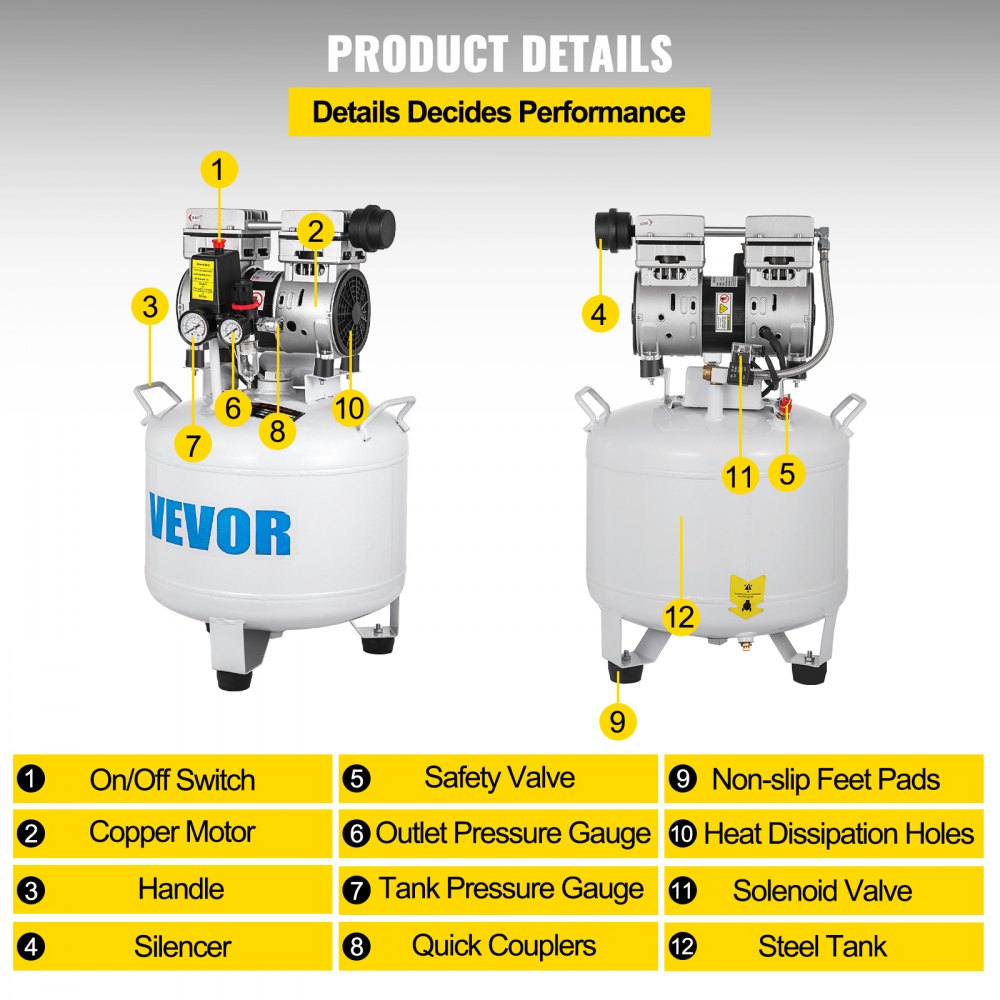 VEVOR Vertical Air Compressor 8.8 Gallon Ultra Quiet Oil-free Air Compressor 40L Tank Silent Air Compressor 850W Oil free Compressor Low noise