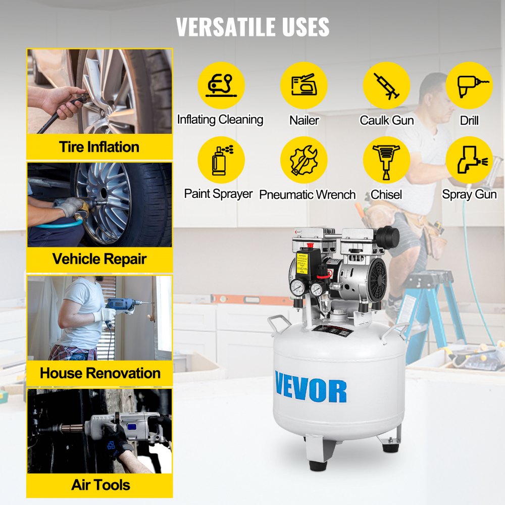 VEVOR Vertical Air Compressor 8.8 Gallon Ultra Quiet Oil-free Air Compressor 40L Tank Silent Air Compressor 850W Oil free Compressor Low noise
