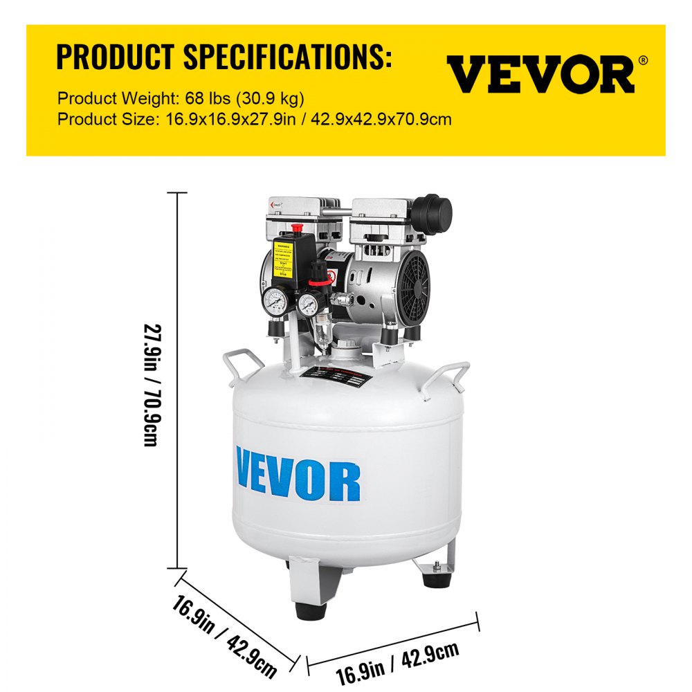 VEVOR Vertical Air Compressor 8.8 Gallon Ultra Quiet Oil-free Air Compressor 40L Tank Silent Air Compressor 850W Oil free Compressor Low noise