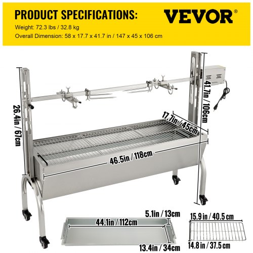 VEVOR Rotisserie Grill, 132lbs Capacity, Stainless Steel Pig Lamb Spit Grill Roaster, Roasting Box with 40W Motor & Adjustable Height & Lockable Casters for Outdoor Camping Party Campfire Barbecue