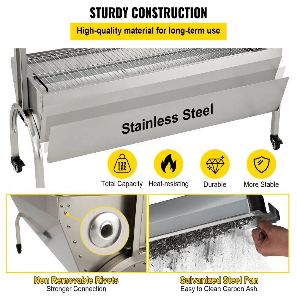 VEVOR Rotisserie Grill, 132lbs Capacity, Stainless Steel Pig Lamb Spit Grill Roaster, Roasting Box with 40W Motor & Adjustable Height & Lockable Casters for Outdoor Camping Party Campfire Barbecue