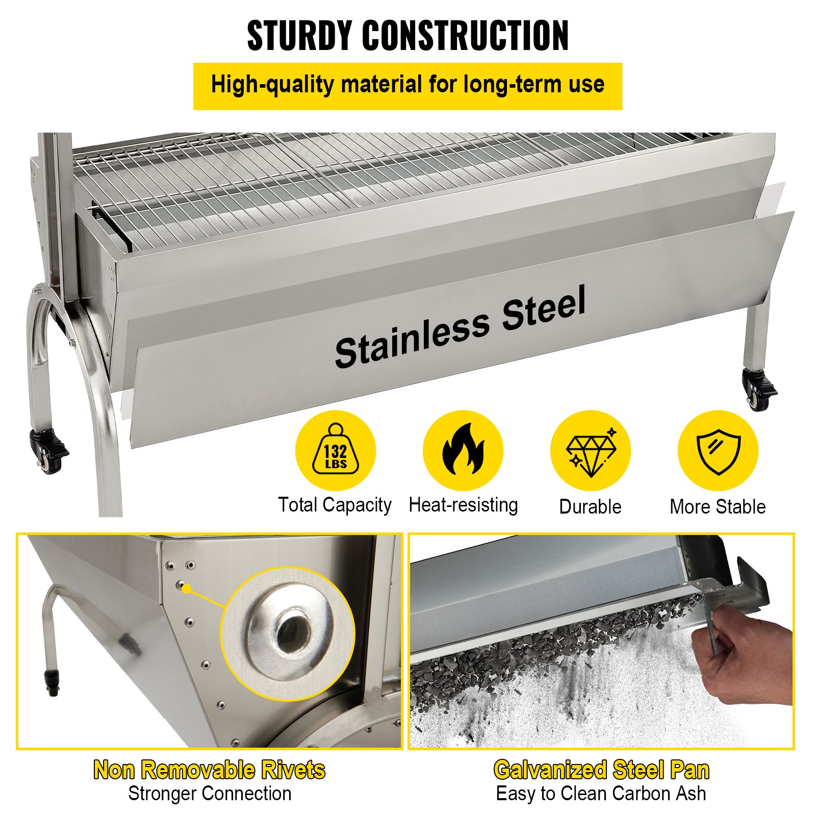 VEVOR Rotisserie Grill, 132lbs Capacity, Stainless Steel Pig Lamb Spit Grill Roaster, Roasting Box with 40W Motor & Adjustable Height & Lockable Casters for Outdoor Camping Party Campfire Barbecue