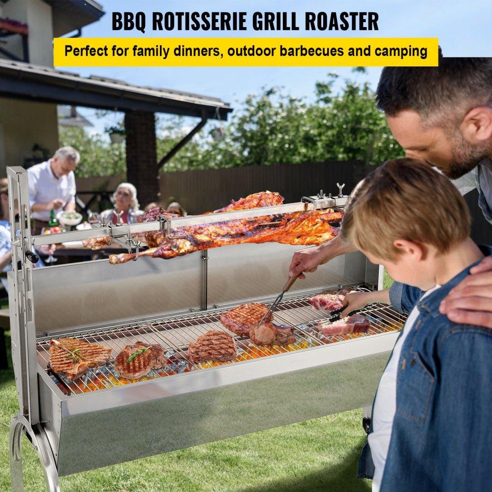 VEVOR Rotisserie Grill 132lbs Capacity, 50 Inch Stainless Steel Pig Lamb Spit Grill Roaster, with 40W Motor & Adjustable Height Lockable Casters & Baffle for Outdoor Camping Party Campfire Barbecue