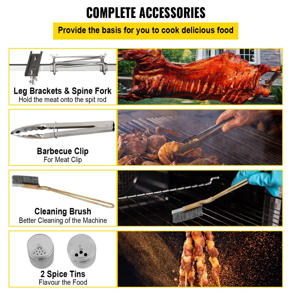 VEVOR Rotisserie Grill 132lbs Capacity, 50 Inch Stainless Steel Pig Lamb Spit Grill Roaster, with 40W Motor & Adjustable Height Lockable Casters & Baffle for Outdoor Camping Party Campfire Barbecue