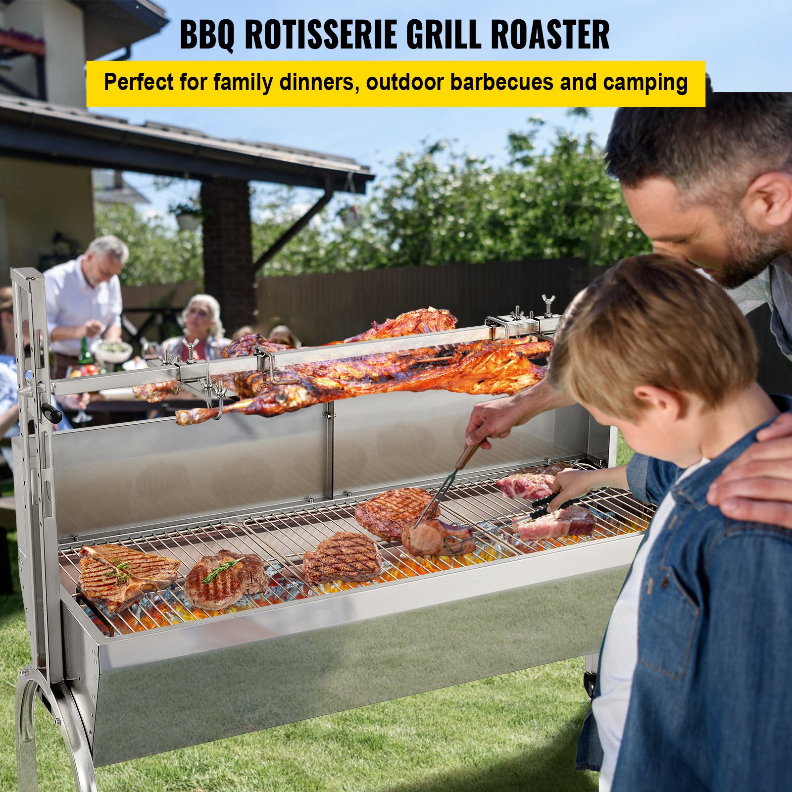VEVOR Rotisserie Grill 132lbs Capacity, 50 Inch Stainless Steel Pig Lamb Spit Grill Roaster, with 40W Motor & Adjustable Height Lockable Casters & Baffle for Outdoor Camping Party Campfire Barbecue