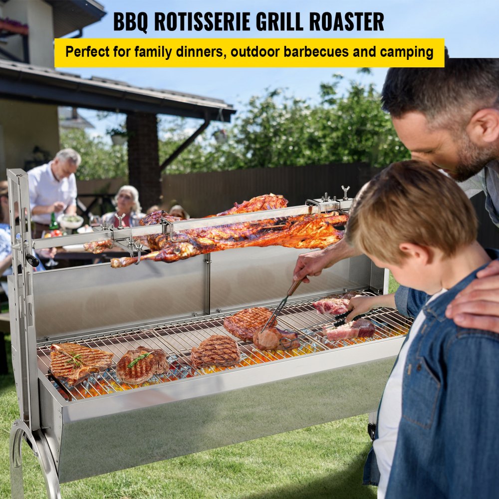 VEVOR Rotisserie Grill, 132 lbs kapacitet, rustfrit stål Grise lamspyd grill stege, med & justerbare højde låsbare hjul og baffel til campingfest bålgrill | VEVOR DAN