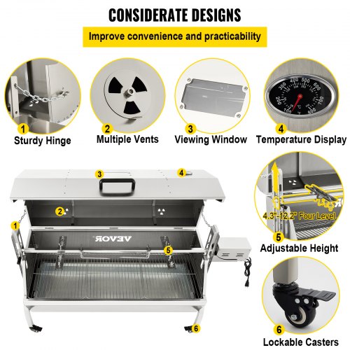 VEVOR Asador de carbón eléctrico de 132 libras de acero inoxidable con capucha para cerdo y cordero, asador de carbón eléctrico de 50 pulgadas con motor de 40 W y ruedas bloqueables de altura ajustable para barbacoa de fiesta de camping al aire libre, plateado