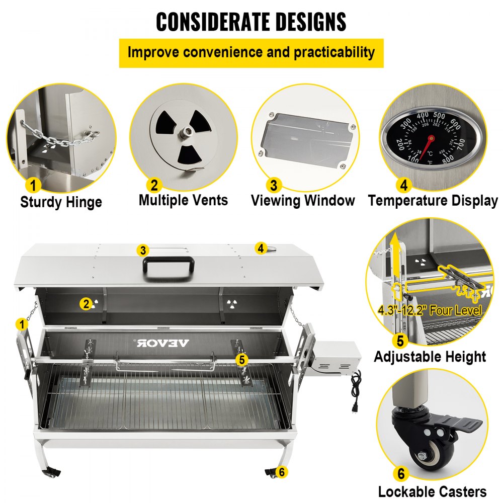 VEVOR 132 LBS Rotisserie Grill Stainless Steel Pig Lamb Hooded Roaster 50" Electric Charcoal Spit with 40W Motor & Adjustable Height Lockable Casters for Outdoor Camping Party Barbecue, Silver