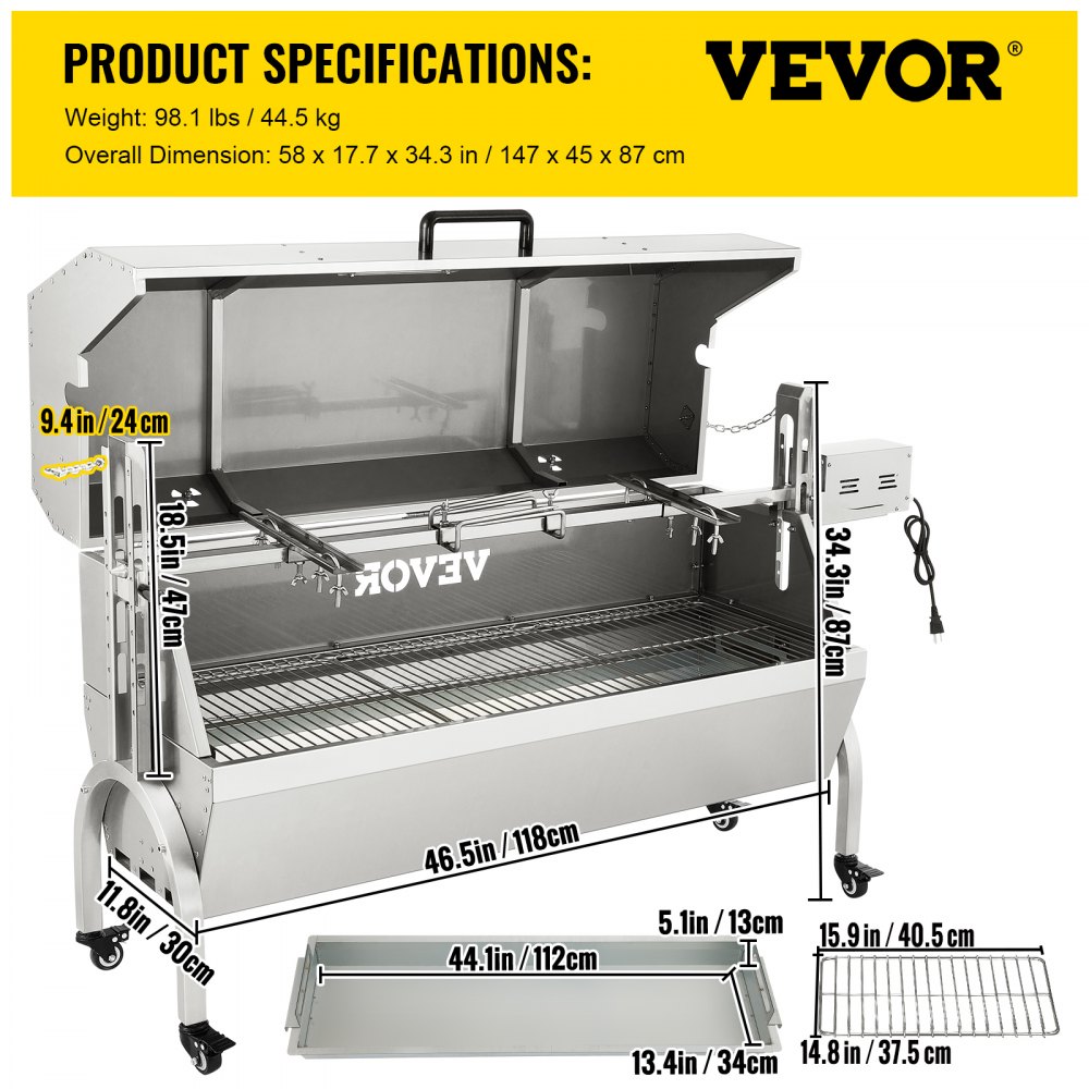 VEVOR 132 LBS Rotisserie Grill Stainless Steel Pig Lamb Hooded Roaster 50" Electric Charcoal Spit with 40W Motor & Adjustable Height Lockable Casters for Outdoor Camping Party Barbecue, Silver
