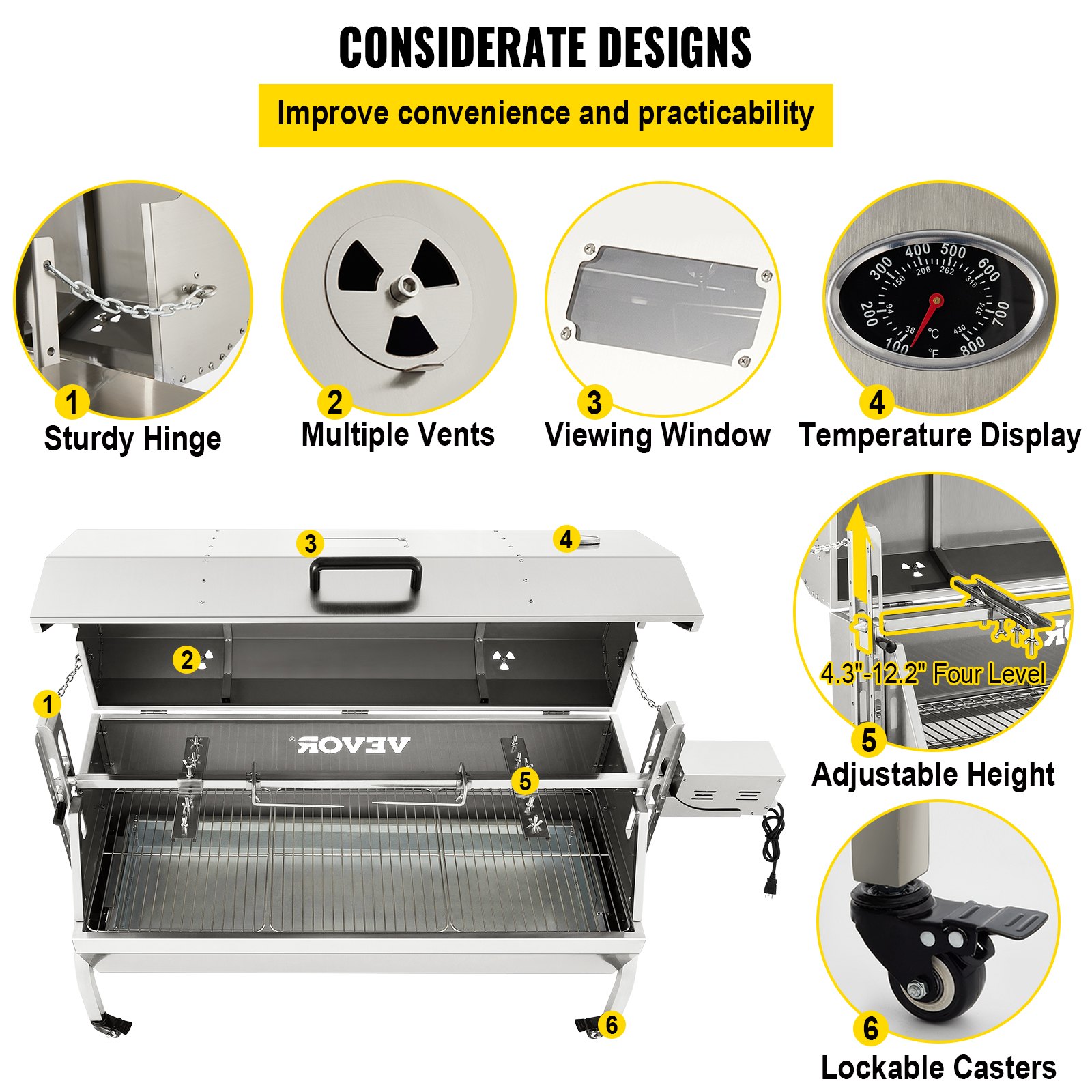 VEVOR 132 LBS Rotisserie Grill Stainless Steel Pig Lamb Hooded Roaster 50" Electric Charcoal Spit with 40W Motor & Adjustable Height Lockable Casters for Outdoor Camping Party Barbecue, Silver