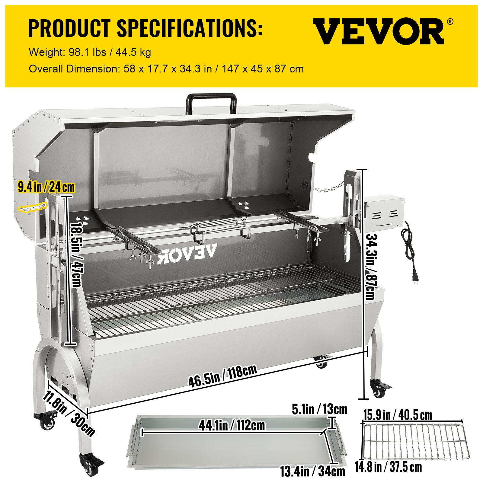 VEVOR 132 LBS Rotisserie Grill Stainless Steel Pig Lamb Hooded Roaster 50" Electric Charcoal Spit with 40W Motor & Adjustable Height Lockable Casters for Outdoor Camping Party Barbecue, Silver
