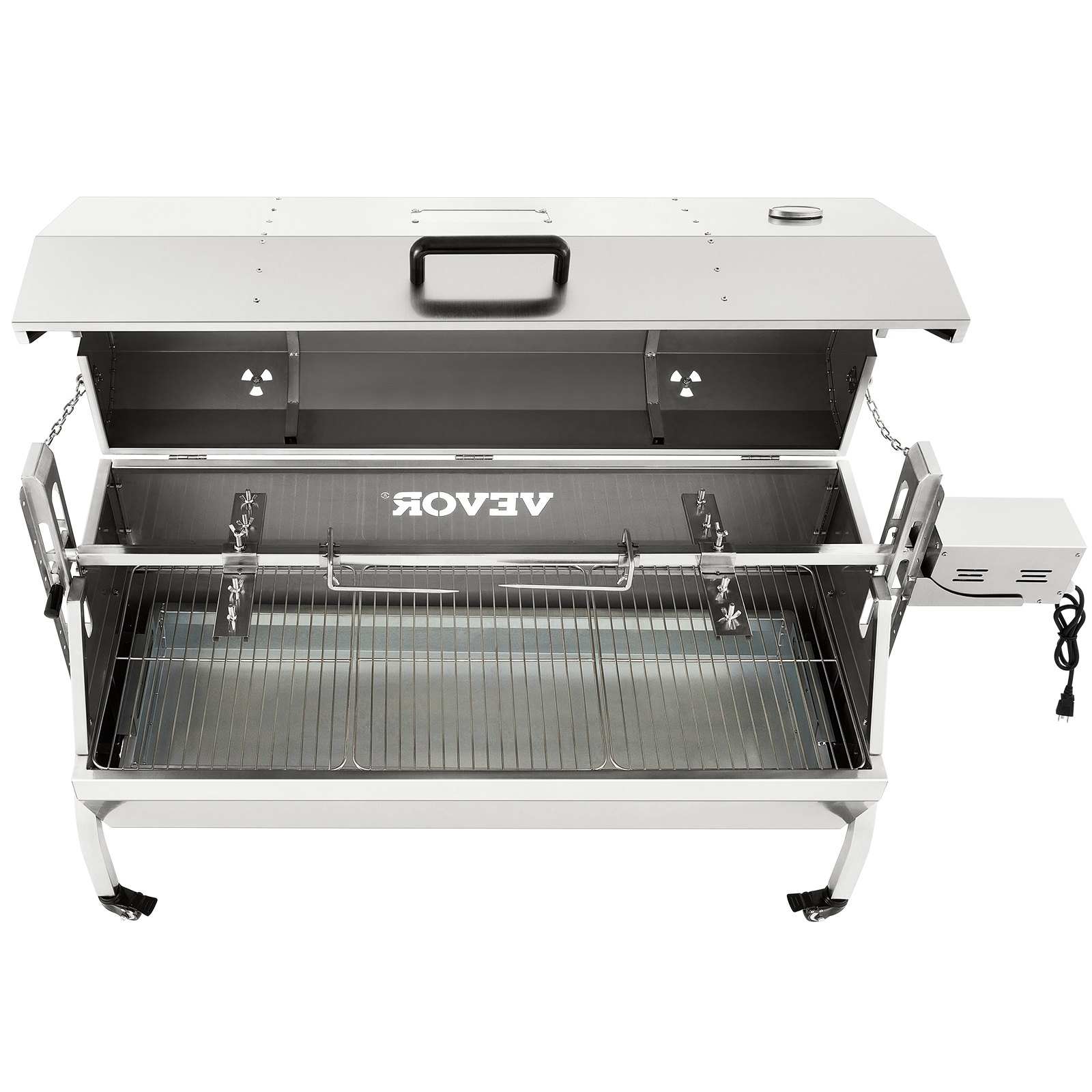 VEVOR 132 LBS Rotisserie Grill Stainless Steel Pig Lamb Hooded Roaster 50" Electric Charcoal Spit with 40W Motor & Adjustable Height Lockable Casters for Outdoor Camping Party Barbecue, Silver
