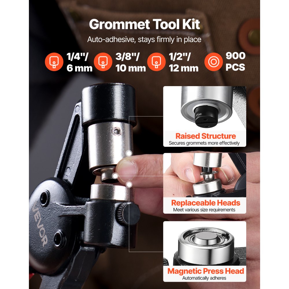 VEVOR Grommet Tool Kit, 900 PCS 6 mm 10 mm 12 mm Multi Size Metal Eyelets Grommets, Eyelet Kit with Manual Grommet Press Pliers, Hole Punch, and Block, for Leather Tarp Shoes Crafts Fabric Belt