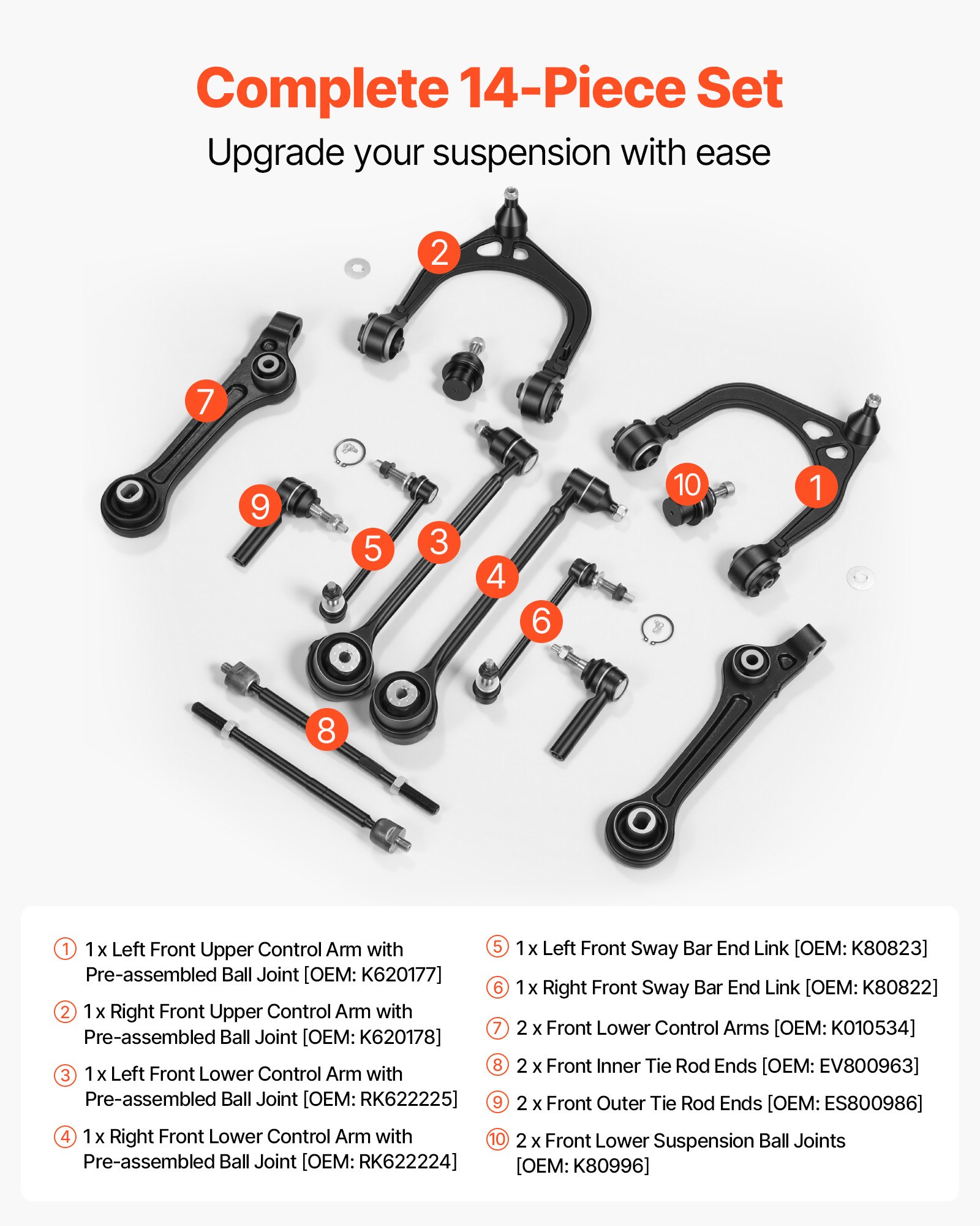 VEVOR Left Right Front Upper & Lower Control Arms Kit, OEM Suspension Kit Compatible with 2011-2017 Chrysler 300 RWD, 2011-2017 Dodge Challenger RWD, 2011-2014 Dodge Charger RWD (14PCS)