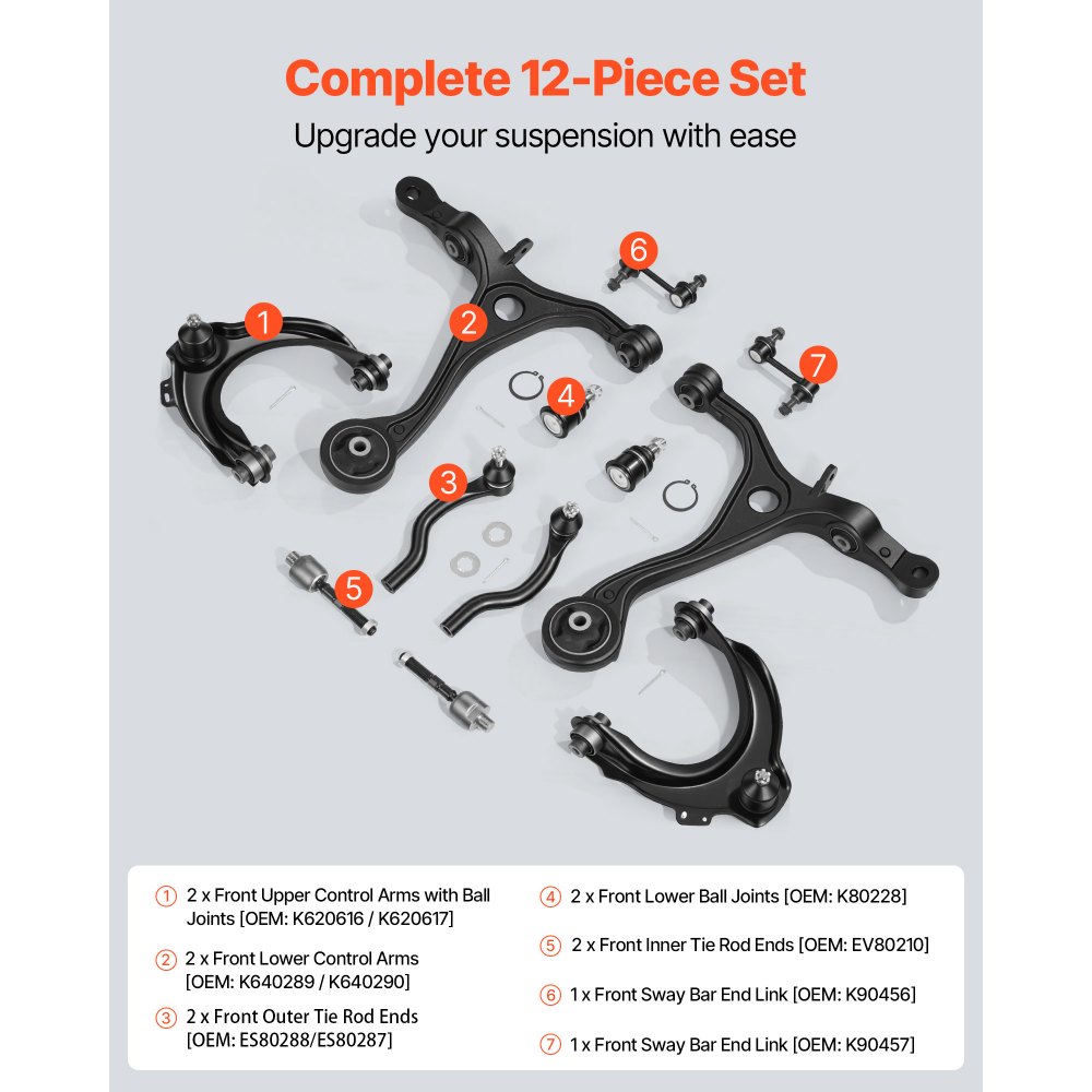 VEVOR Front Upper Lower Control Arms, OEM Suspension Kit Compatible with 2004-2008 ACURA TSX, 2003-2007 Honda Accord Sedan/Coupe (2.4L Gas Engine Only) - 12PCS