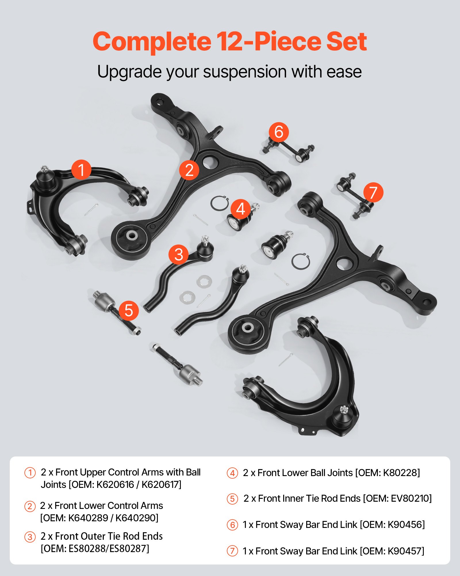 VEVOR Front Upper Lower Control Arms, OEM Suspension Kit Compatible with 2004-2008 ACURA TSX, 2003-2007 Honda Accord Sedan/Coupe (2.4L Gas Engine Only) - 12PCS